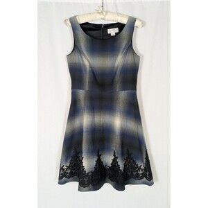 Jessica Simpson Dress 4 Women's Blue Plaid Fit & Flare Sleeveless Lace Trim